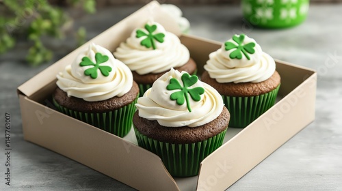 A box of festive St. Patrick's Day cupcakes with creamy white frosting and green shamrock decorations, placed on a light gray background with soft greenery in the distance photo