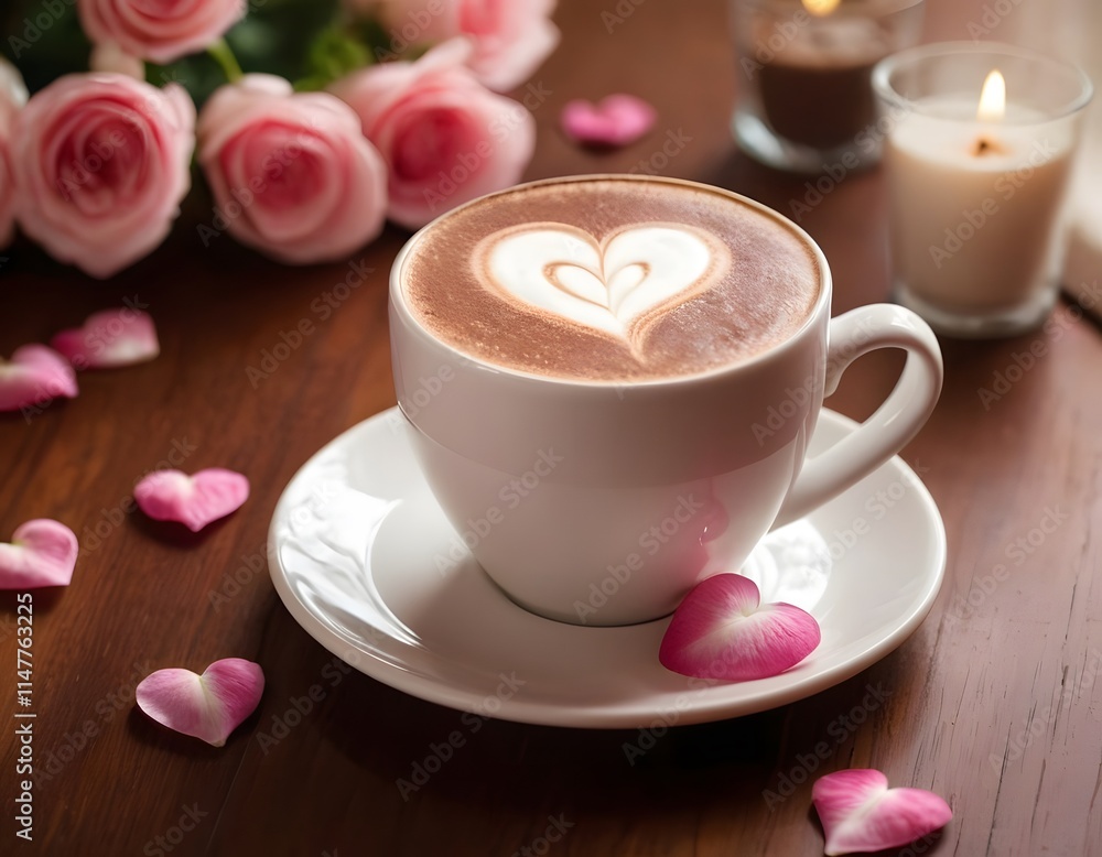 Heart Latte Art Coffee cup Pink Rose Petals & flowers, Romantic and Cozy Beverage Photography lying on a clean wooden table Heart Latte Art Coffee cup Pink Rose Petals & flowers, Romantic and Cozy Beverage Photography lying on a clean wooden table