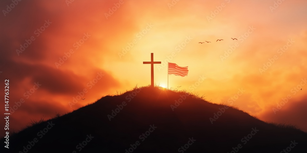 A crucifix with Jesus on the cross on a hill at sunrise, with the large American flag waving behind it A crucifix with Jesus on the cross on a hill at sunrise, with the large American flag waving behind it