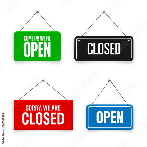 Realistic open or closed hanging signboards. Vintage door sign for cafe, restaurant, bar or retail store. Announcement banner, information signage for business or service. Vector illustration