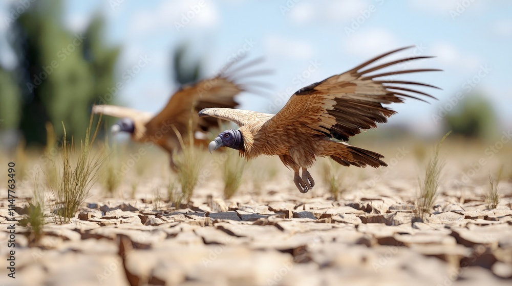 Obraz premium Two vultures in flight over cracked earth.