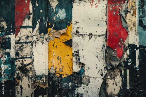 Grunge urban background with torn posters and graffiti texture.