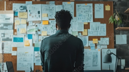 Professional strategist examines project roadmap and notes in a creative workspace filled with ideas and plans.