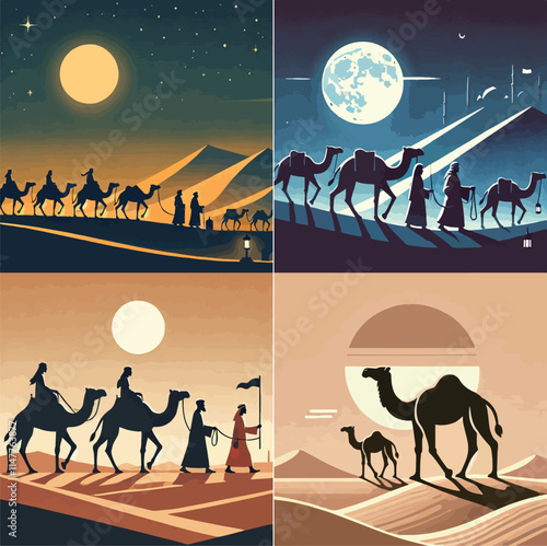 Camel caravan going through the desert vector illustration