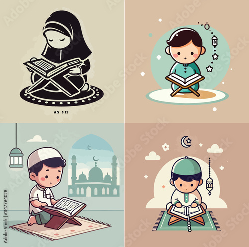 little muslim kid show pray pose and read quran