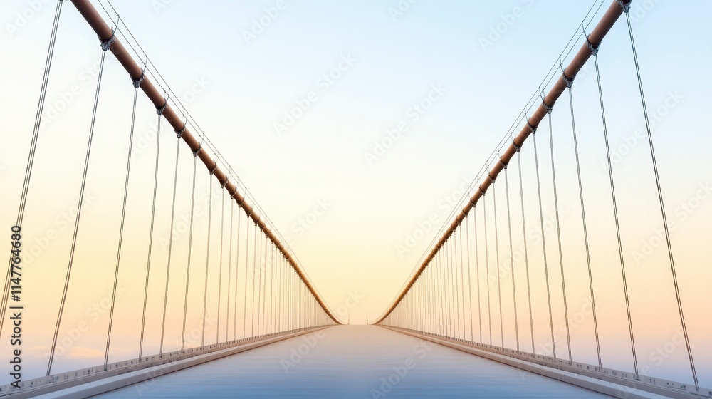 Fototapeta premium A serene suspension bridge stretches into the horizon, framed by a soft gradient sky, creating a sense of calm and openness.