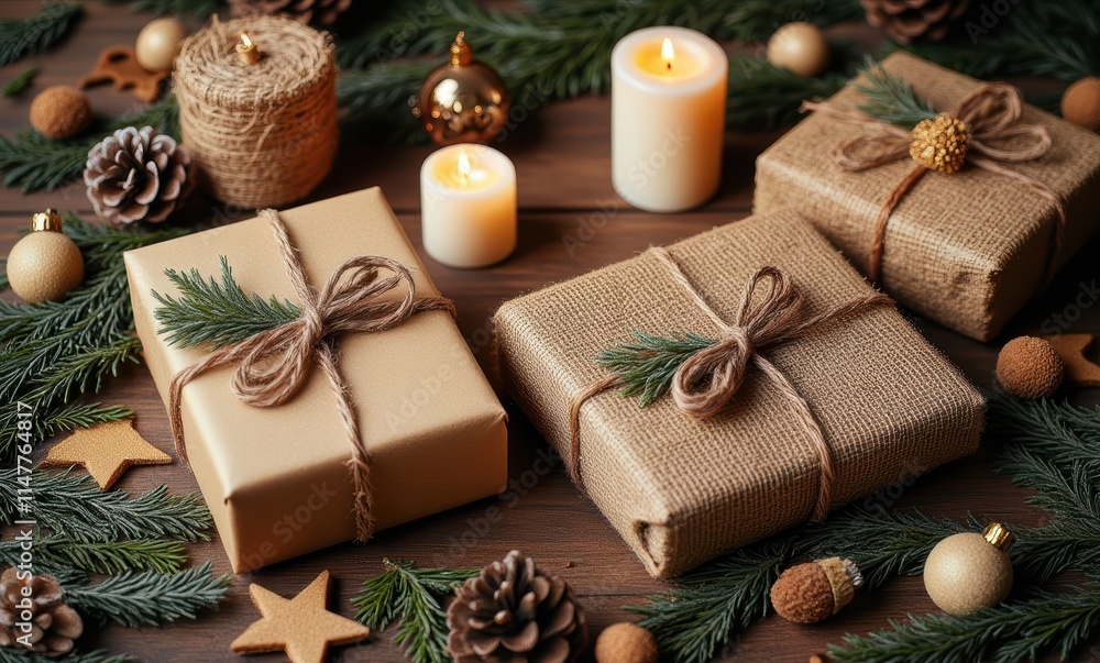 Festive holiday gifts on wooden table Festive holiday gifts on wooden table