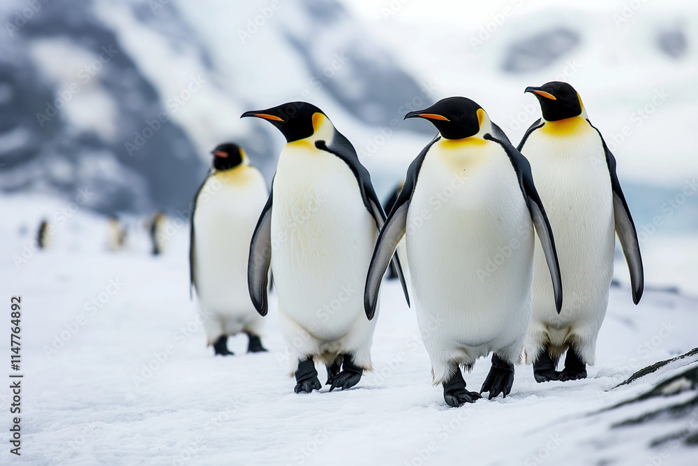 Fototapeta premium Some penguins in the Arctic walking around on the North Pole and looking for something. Generative AI