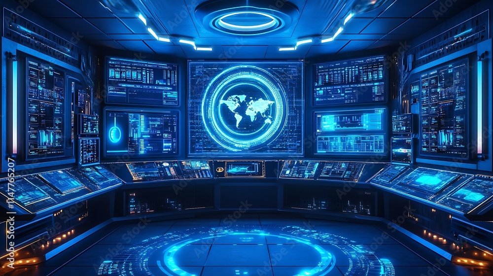 Futuristic control room filled with digital screens displaying global data and information for High-tech advanced technology concept. Futuristic control room filled with digital screens displaying global data and information for High-tech advanced technology concept.