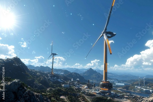 Wind turbines on a mountain with a clear blue sky and distant landscape. photo