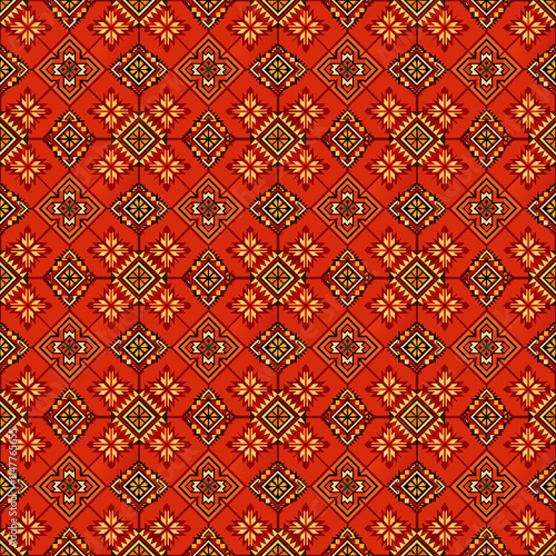 Red and Gold Geometric Pattern: Seamless, repeating pattern with intricate geometric designs in shades of red, gold, and black. Ideal for textiles, wallpaper, and decorative projects. 