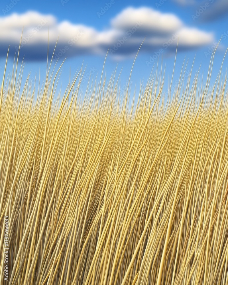 Fototapeta premium Golden tallgrass under a blue sky with fluffy clouds.