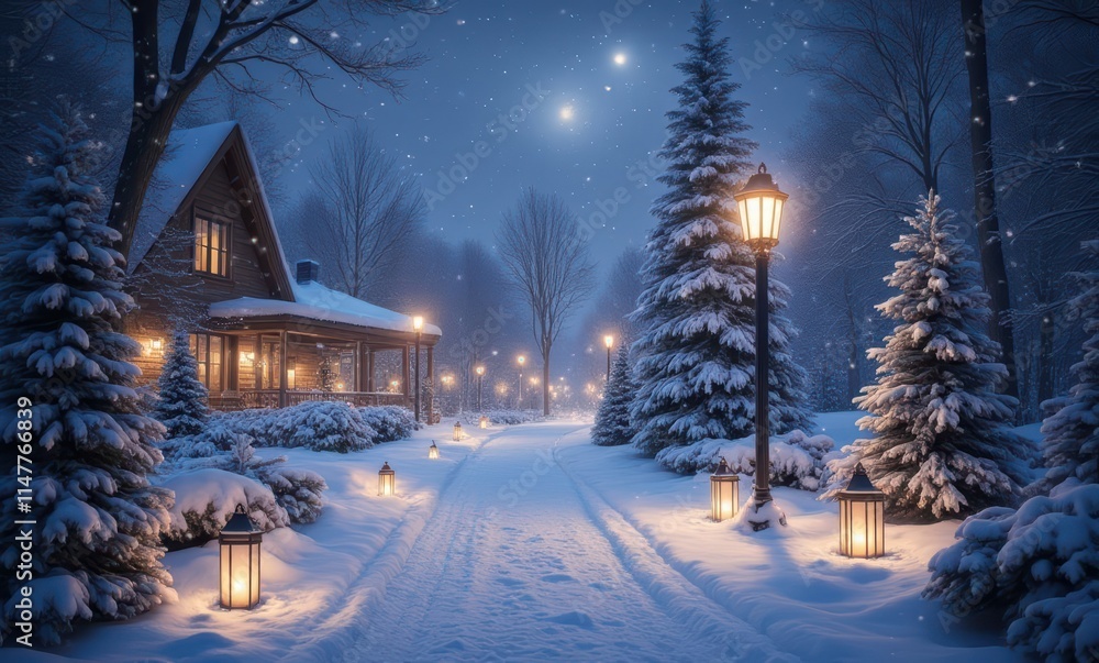 Serene winter night in snowy landscape Serene winter night in snowy landscape