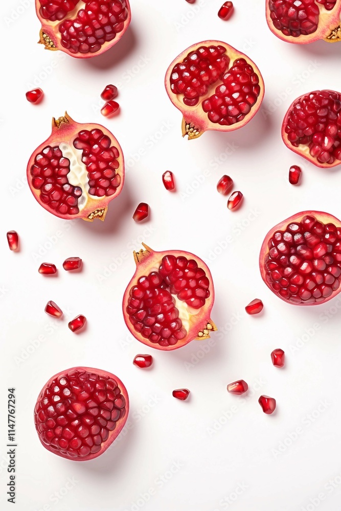Pomegranates with Red Juicy Seeds , Isolated white background, flat lay Pomegranates with Red Juicy Seeds , Isolated white background, flat lay