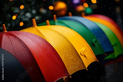 A row of colorful umbrellas in vibrant Mardi Gras hues, covered in raindrops and illuminated by soft festive lights, evoking a lively celebration atmosphere photo