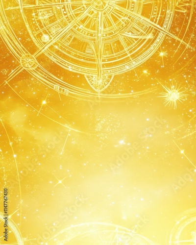 Golden celestial map background with constellations and compass rose.