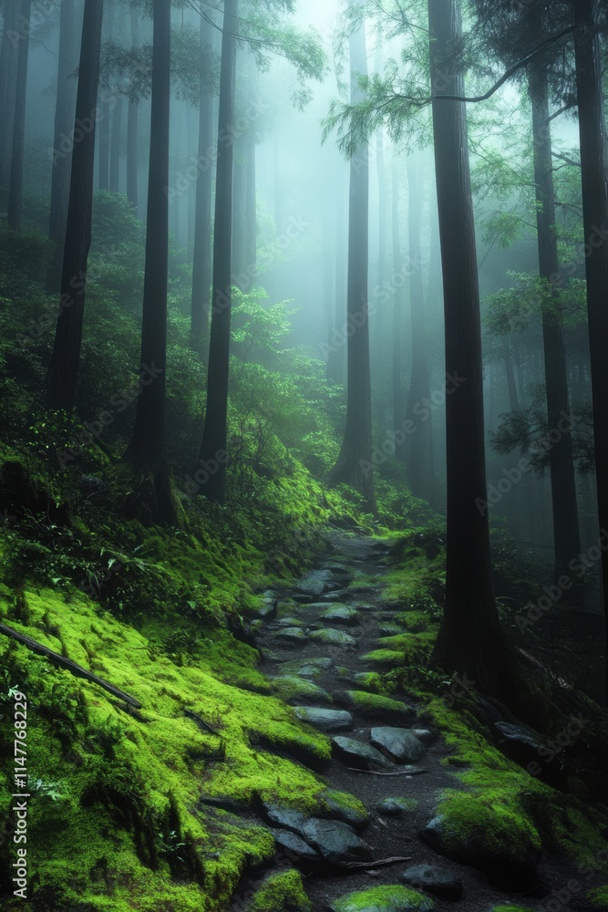Obraz premium Misty forest path with moss-covered stones.
