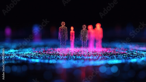 A glowing digital representation of human figures, showcasing vibrant colors in a futuristic, abstract setting.