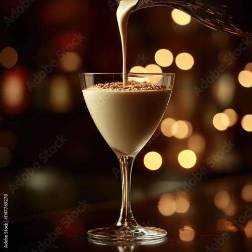 Pouring elegance irish cream delight cozy bar setting beverage photography intimate atmosphere close-up indulgent experience