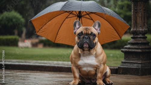 A French bulldog dog under an umbrella
