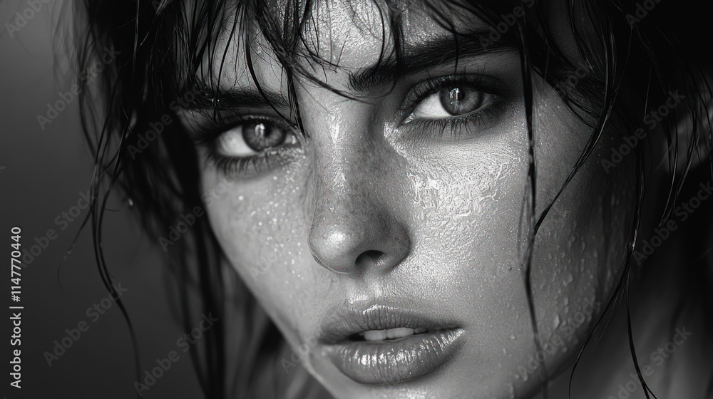 Close-up, wet, monochrome portrait, intense gaze. Close-up, wet, monochrome portrait, intense gaze.