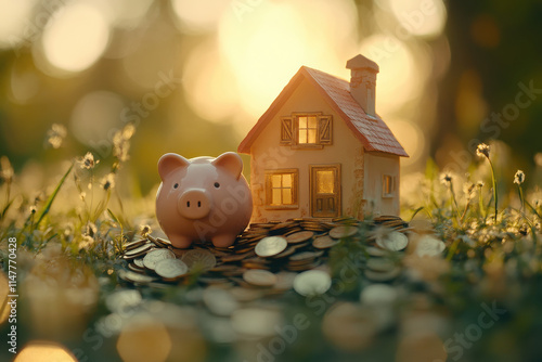 A piggy bank beside a miniature house on a bed of coins, symbolizing savings and investment.