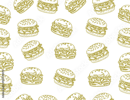 doodle burger pattern background. doodle fast food burger seamless pattern background. seamless pattern of hamburger in doodle style. Seamless Pattern of a Cheese Burger or Hamburger