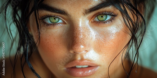 Schöne Frau mit grünen Augen, Nahaufnahme Gesicht, Model