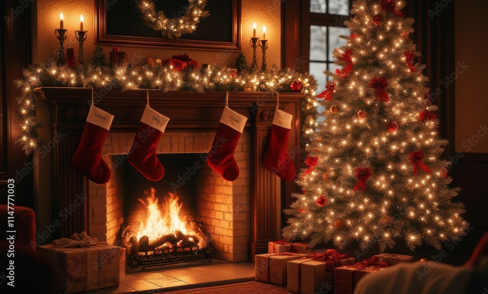 Festive Christmas scene with tree and fireplace Festive Christmas scene with tree and fireplace