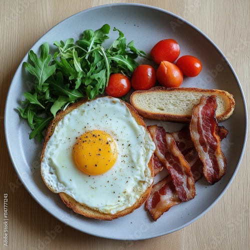 A delicious breakfast plate featuring a sunny-side-up egg, crispy bacon, fresh arugula, cherry tomatoes, and toasted bread.
