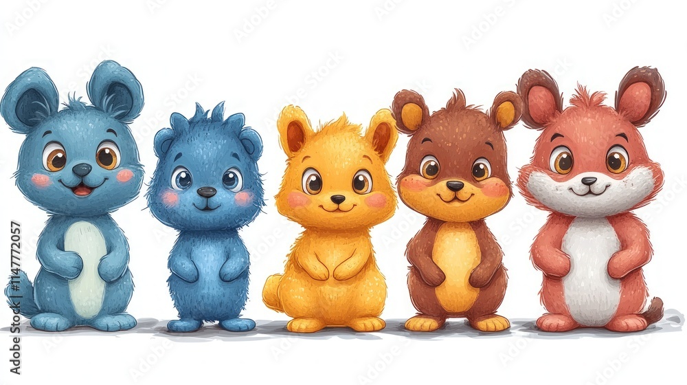 Naklejka premium Five adorable cartoon animals in a row.