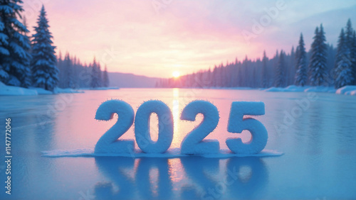 Wallpaper Mural Beautiful winter scene with 2025 snow sculpture, frozen lake reflections, and vibrant pink-orange sunset in nature, New year concept Torontodigital.ca