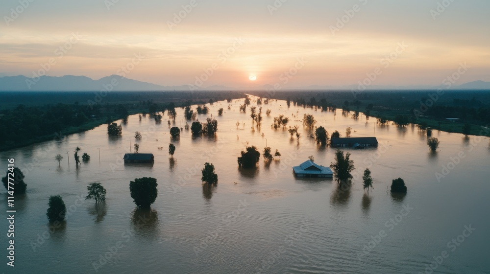 Naklejka premium A serene sunset over a flooded landscape, with submerged trees and structures, creating a tranquil yet haunting atmosphere.