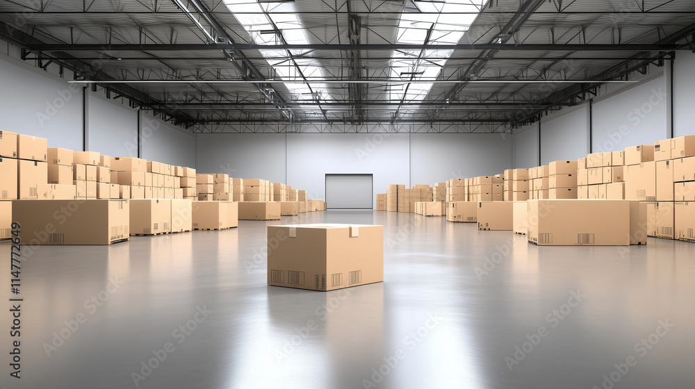 Cardboard Boxes on Conveyor Belt and Warehouse Storage with Industrial Lighting Cardboard Boxes on Conveyor Belt and Warehouse Storage with Industrial Lighting