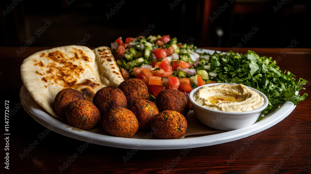 A platter featuring falafel, pita bread, salad, and hummus for a delicious meal. A platter featuring falafel, pita bread, salad, and hummus for a delicious meal.
