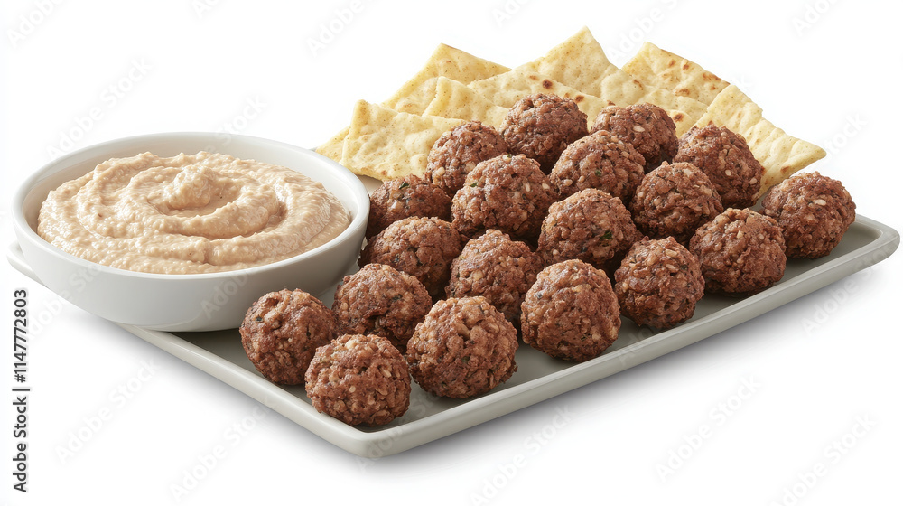 A platter featuring meatballs, hummus, and pita chips, ideal for sharing or appetizers. A platter featuring meatballs, hummus, and pita chips, ideal for sharing or appetizers.