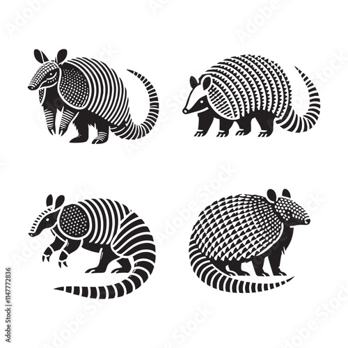 4 Set of Black Standing Armadillo Silhouettes Isolated on White Background
