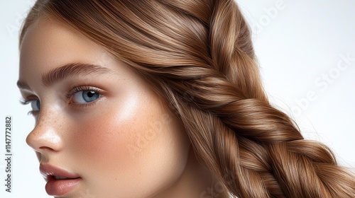 A close-up portrait of a young woman with braided hair and natural makeup.
