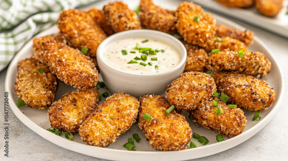 A platter of crispy chicken wings served with a creamy dipping sauce and garnished with green onions. A platter of crispy chicken wings served with a creamy dipping sauce and garnished with green onions.