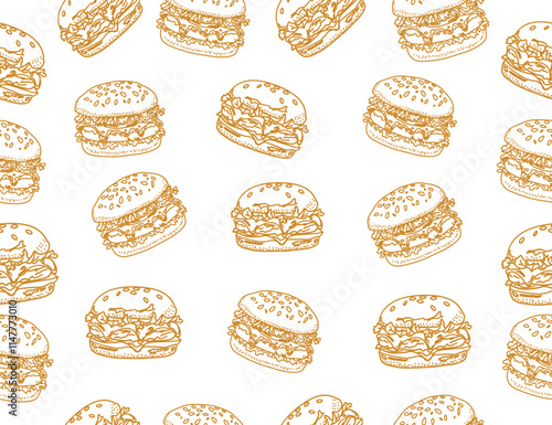 doodle burger pattern background. doodle fast food burger seamless pattern background. seamless pattern of hamburger in doodle style. Seamless Pattern of a Cheese Burger or Hamburger