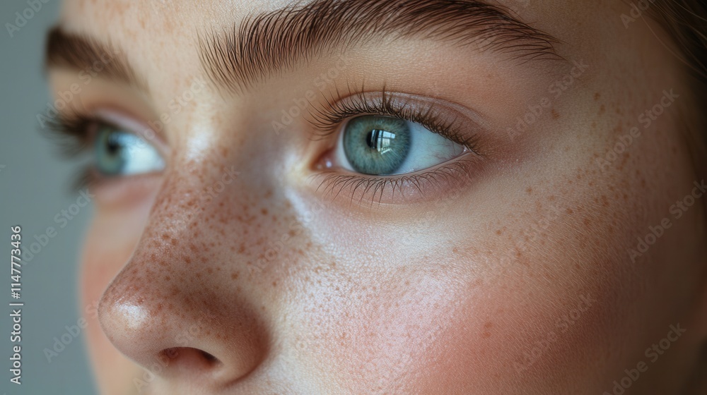 Fototapeta premium Close-up of a person's eye with freckles, highlighting natural beauty and skin texture.