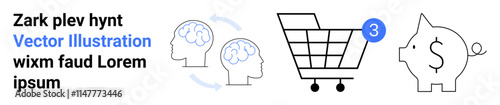 Shopping cart with number three, a piggy bank with dollar sign, two heads with brain gears. Ideal for e-commerce, online shopping, savings, cognitive processes, finance, mental processes