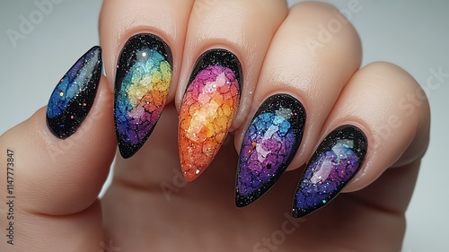 nail art of fantasy Rainbow galaxy nail art on long nails photo