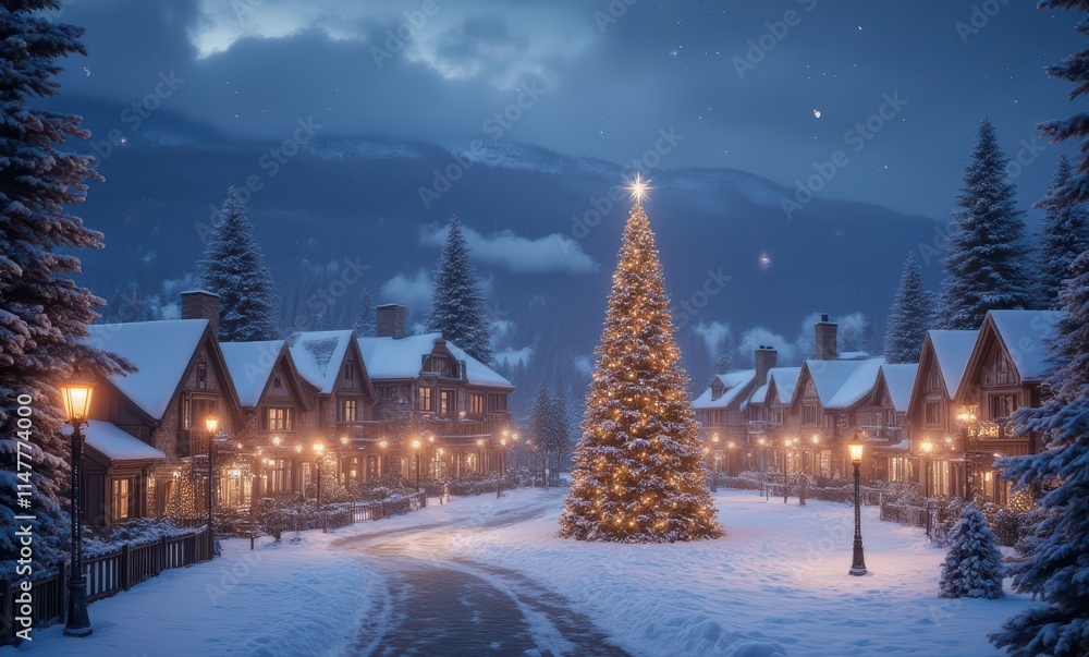 Charming winter village with Christmas tree Charming winter village with Christmas tree