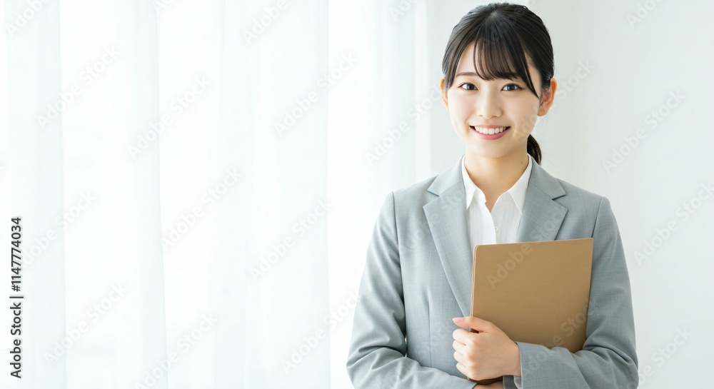 Professional Japanese Woman in Her 20s Holding a Binder with a Bright Smile in a Modern Office Environment Professional Japanese Woman in Her 20s Holding a Binder with a Bright Smile in a Modern Office Environment