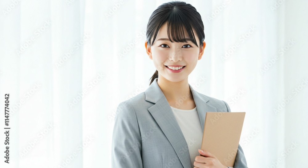 Professional Japanese Woman in Her 20s Holding a Binder with a Bright Smile in a Modern Office Environment Professional Japanese Woman in Her 20s Holding a Binder with a Bright Smile in a Modern Office Environment