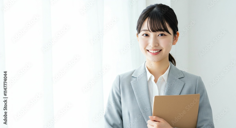 Professional Japanese Woman in Her 20s Holding a Binder with a Bright Smile in a Modern Office Environment Professional Japanese Woman in Her 20s Holding a Binder with a Bright Smile in a Modern Office Environment