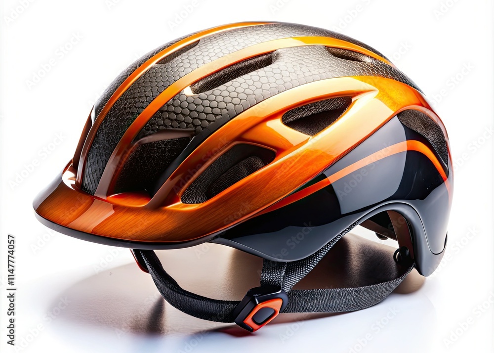 Fototapeta premium Black and orange bicycle helmet, macro photography. White background highlights textured details in this detailed closeup.