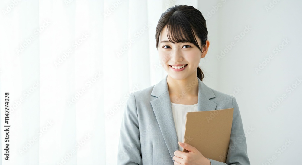 Professional Japanese Woman in Her 20s Holding a Binder with a Bright Smile in a Modern Office Environment Professional Japanese Woman in Her 20s Holding a Binder with a Bright Smile in a Modern Office Environment