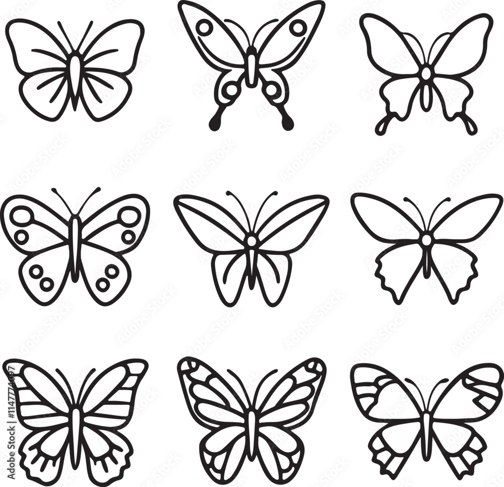 set of butterflies isolated on white black set of butterflies isolated on white black